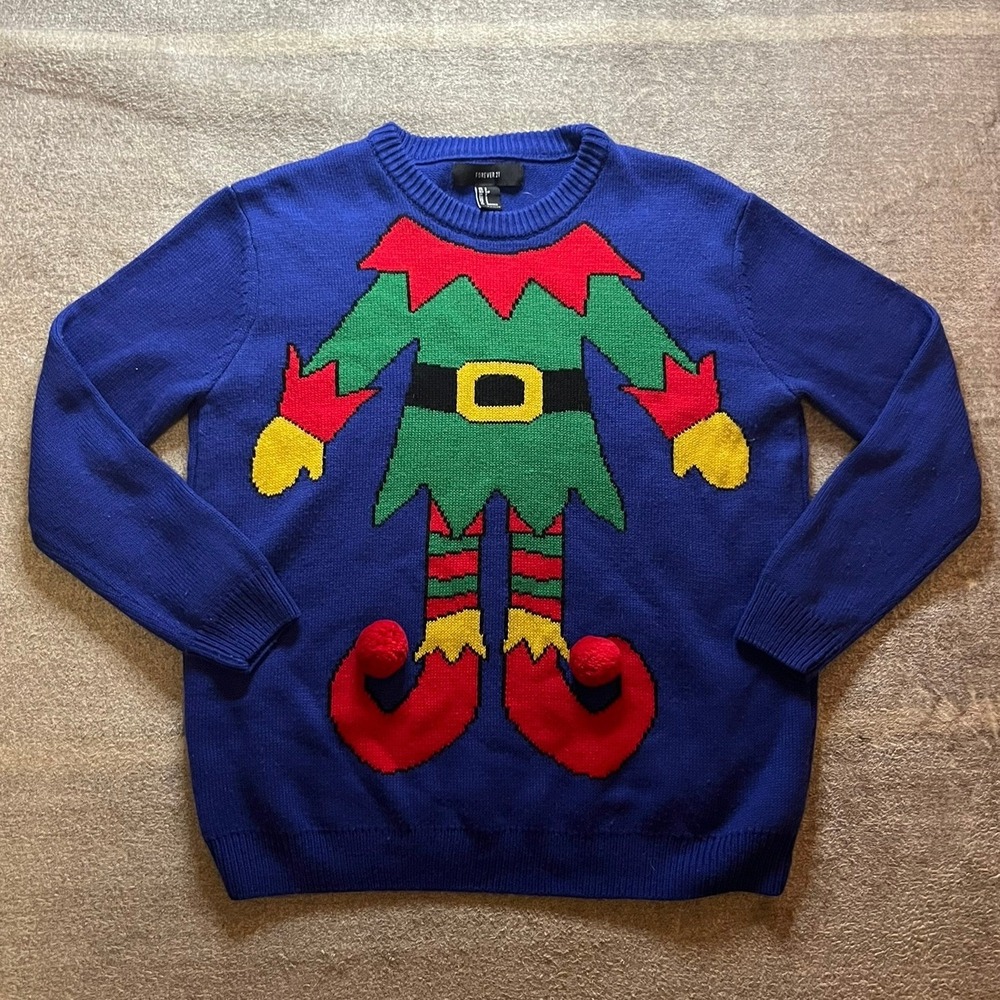 Forever 21 Small Blue Christmas Elf Ugly Christmas Sweater 3D Pom Poms Knit